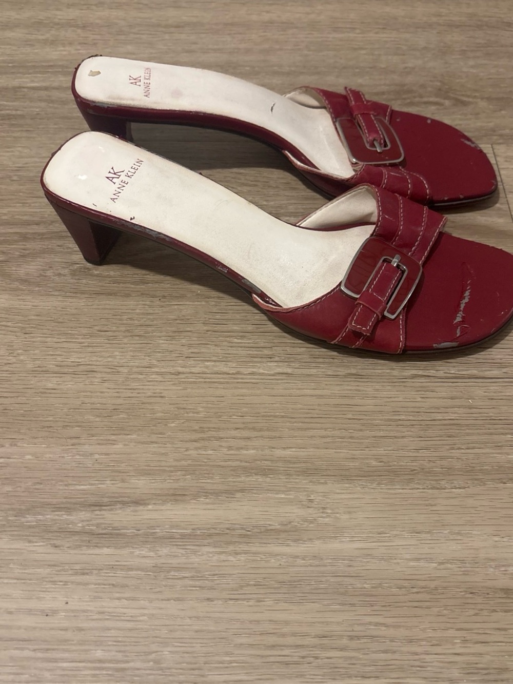 Anne Klein Cherry Red Buckle Mid-Heel Slide Sandals